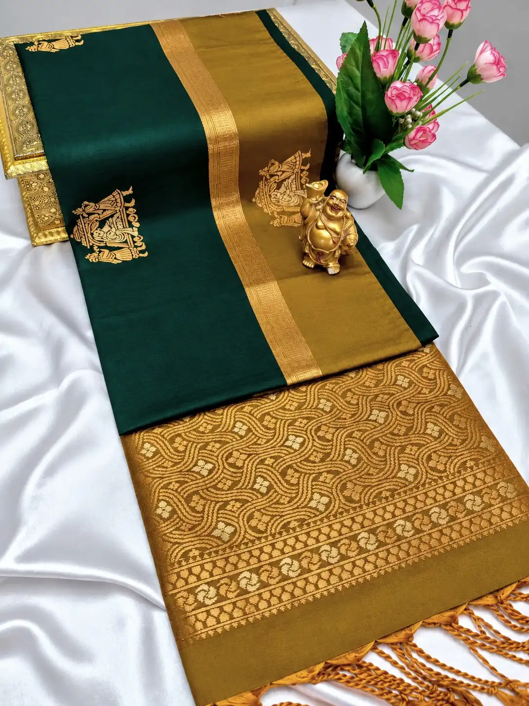 Peacock Motif Wavy Zari Pallu Semi Kanchipuram Silk Saree